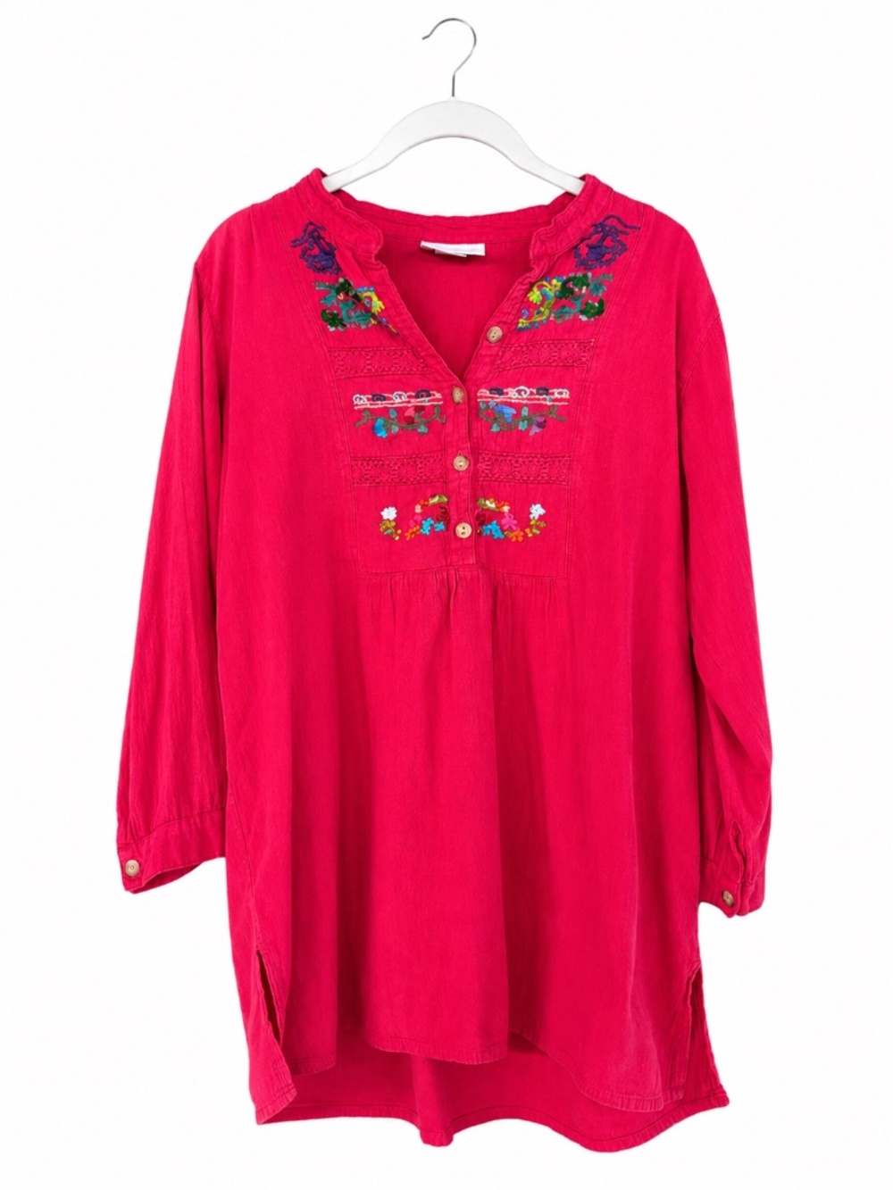 Handcrafted Guatemala Embroidered Fuchsia Boho Tunic Top - Women's Medium